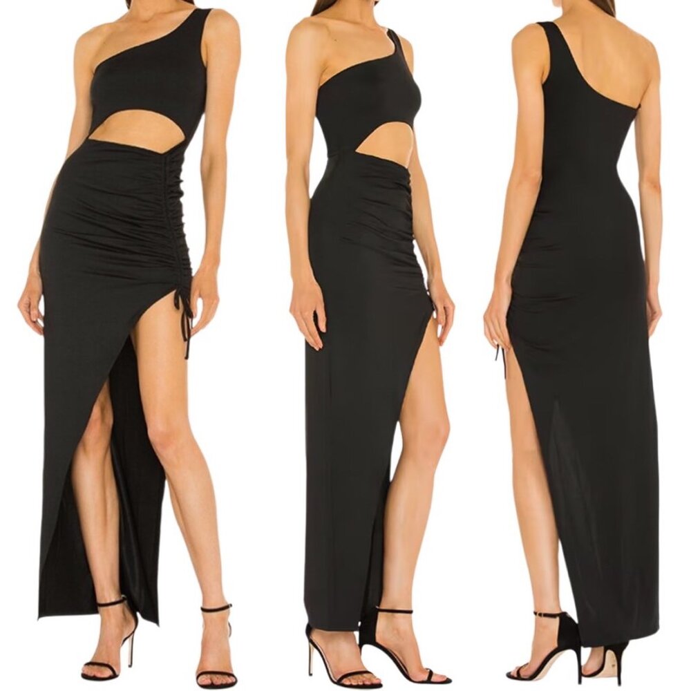 Revolve Superdown Alanie Cut-Out Ruched One Shoulder Maxi Dress in Black Size L